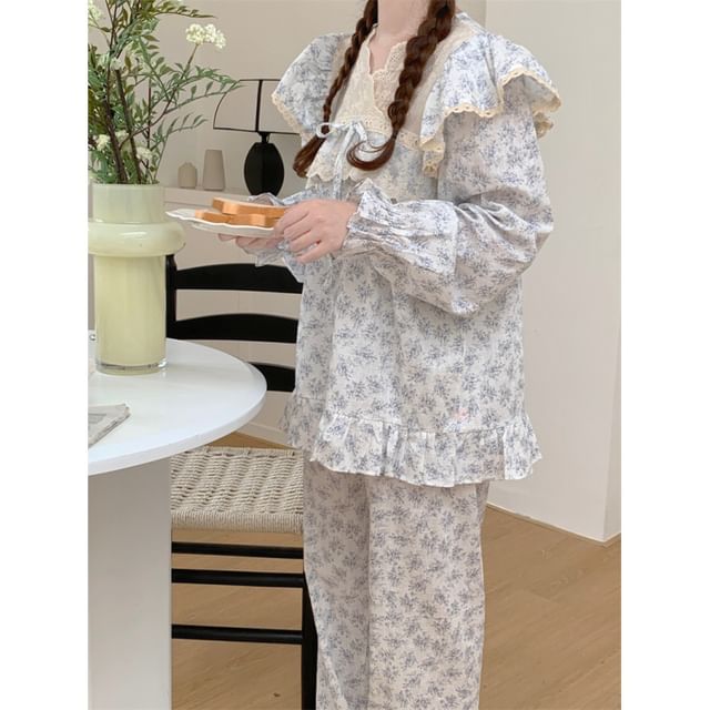 Couple Matching Long-Sleeve Floral Pajama Top / Pants / Midi Sleep Dress / Set (Various Designs)