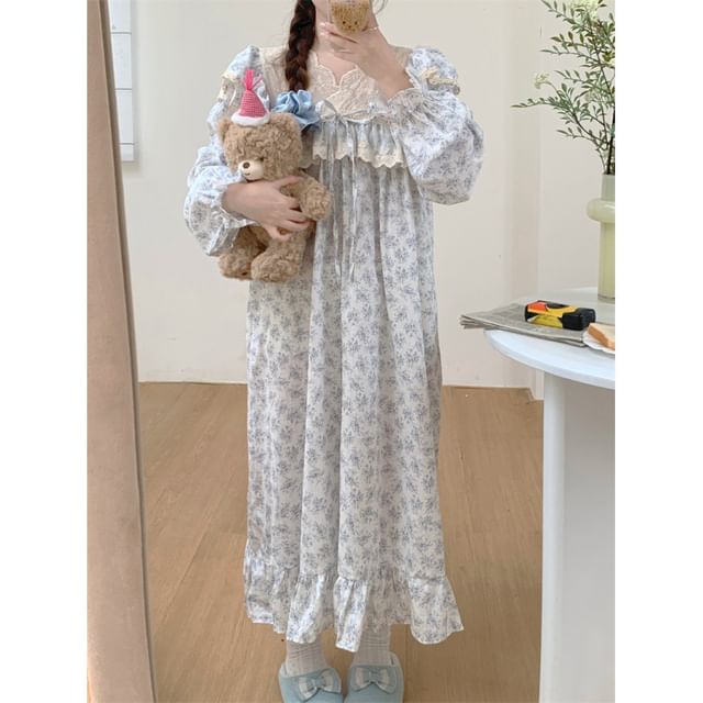Couple Matching Long-Sleeve Floral Pajama Top / Pants / Midi Sleep Dress / Set (Various Designs)