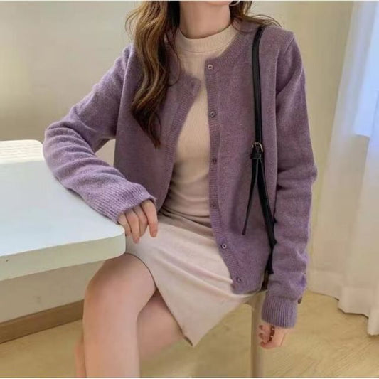 Crew Neck Solid Button-Up Knit Jacket