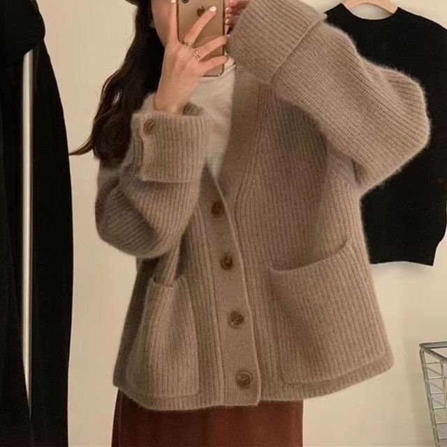 V-Neck Solid Button-Front Knit Jacket