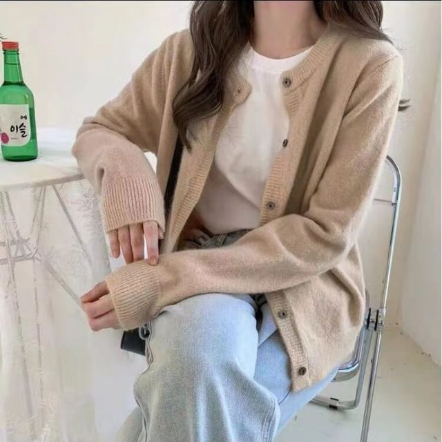 Crew Neck Solid Button-Up Knit Jacket