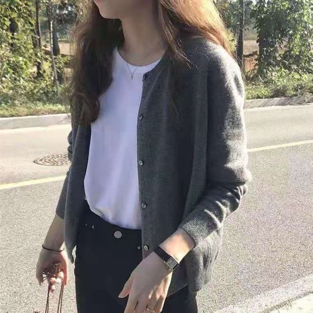 Crew Neck Solid Button-Up Knit Jacket