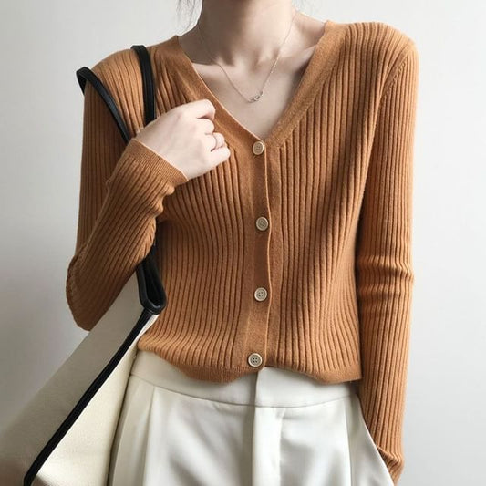 Long Sleeve V-Neck Button Cropped Ribbed Knit Sweater