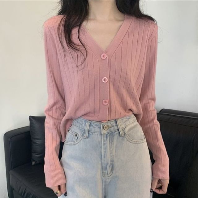 V-Neck Solid Button-Up Cropped Knit Jacket