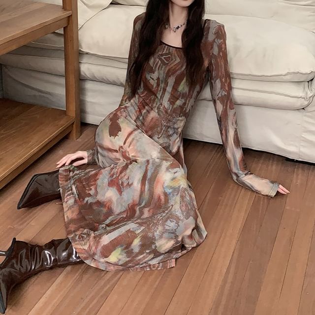 Scoop Neck Tie-Dye Long-Sleeve A-Line Maxi Dress