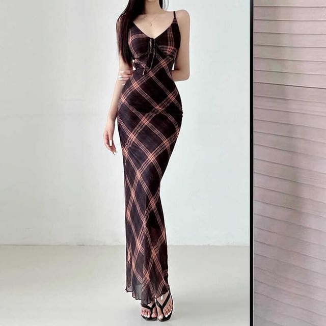 V-Neck Spaghetti Strap Plaid Bodycon Maxi Dress