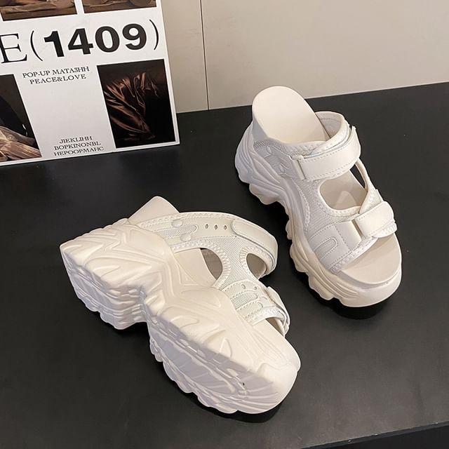 Adhesive Strap Platform Chunky Heel Slide Sandals