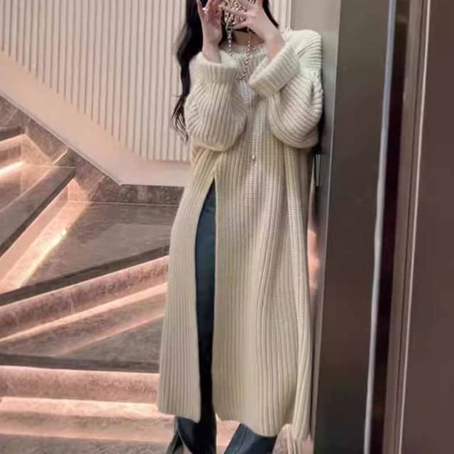 Round Neck Long Sleeve Slit Sweater Maxi Dress