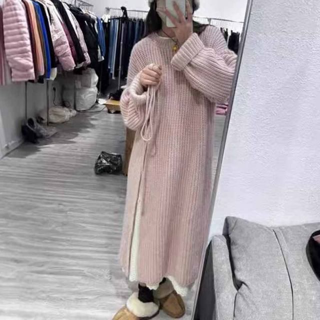 Round Neck Long Sleeve Slit Sweater Maxi Dress