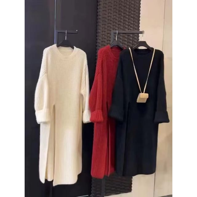 Round Neck Long Sleeve Slit Sweater Maxi Dress