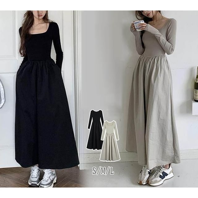 Square Neck Long-Sleeve Gathered Panel A-Line Maxi Dress