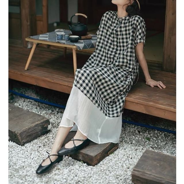 Short-Sleeve Band Collar Plaid Panel Button A-Line Maxi Dress