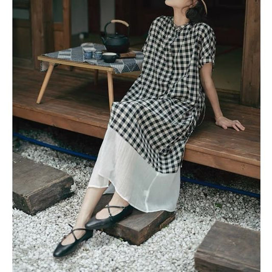 Short-Sleeve Band Collar Plaid Panel Button A-Line Maxi Dress