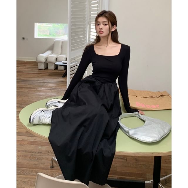 Square Neck Long-Sleeve Gathered Panel A-Line Maxi Dress