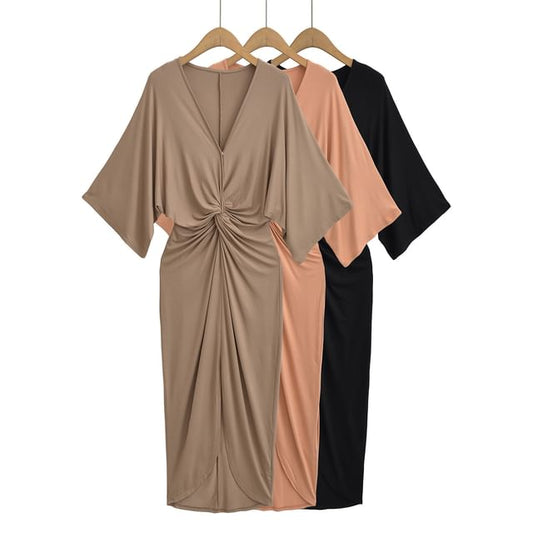 V-Neck 3/4-Sleeve Sheath Maxi Dress