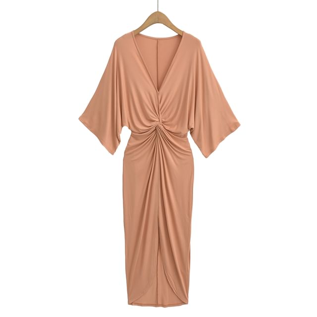 V-Neck 3/4-Sleeve Sheath Maxi Dress