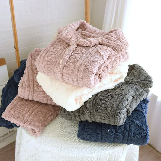 Couple Matching Pajama Set: Long-Sleeve Lapel Collar Jacquard Button-Up Fleece Top + Pants (Various Designs)