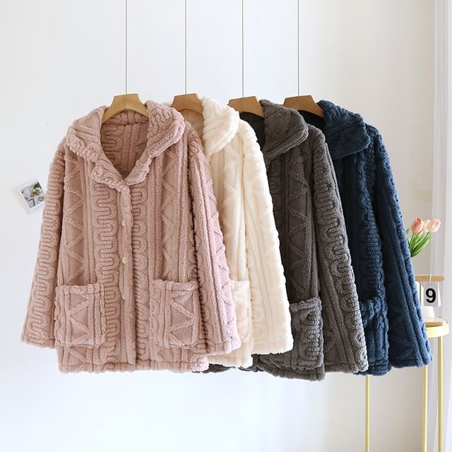 Couple Matching Long-Sleeve Lapel Collar Jacquard Button-Up Fleece Pajama Top (Various Designs)