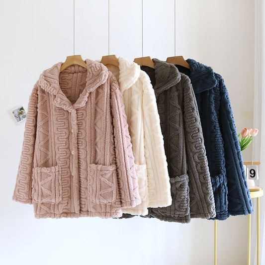 Couple Matching Long-Sleeve Lapel Collar Jacquard Button-Up Fleece Pajama Top (Various Designs)