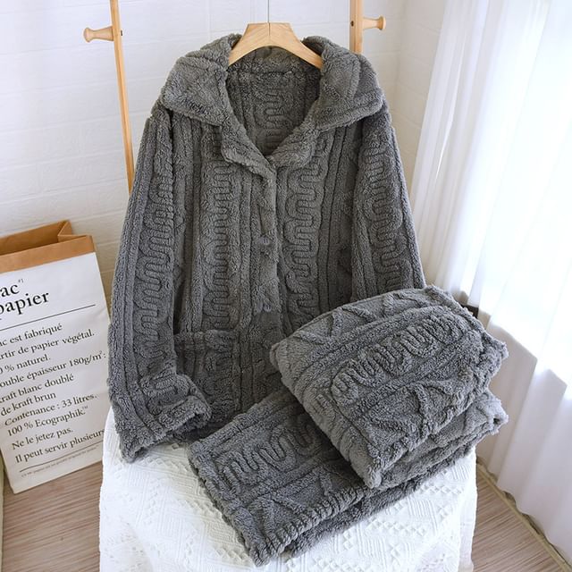 Couple Matching Pajama Set: Long-Sleeve Lapel Collar Jacquard Button-Up Fleece Top + Pants (Various Designs)