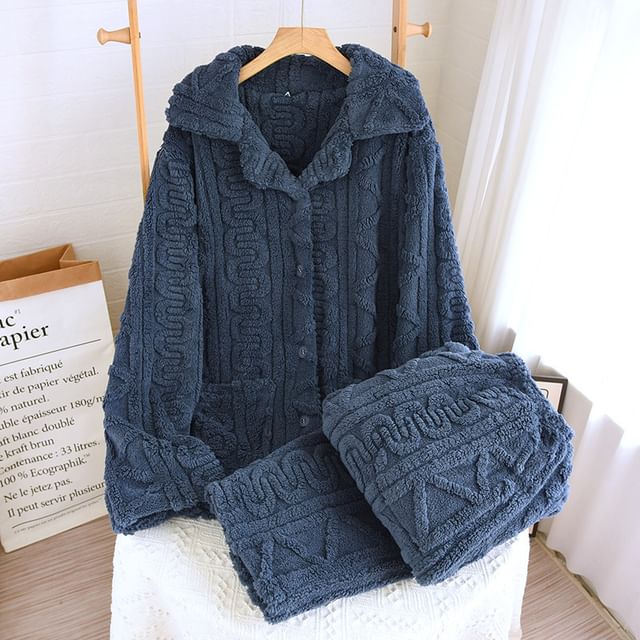 Couple Matching Pajama Set: Long-Sleeve Lapel Collar Jacquard Button-Up Fleece Top + Pants (Various Designs)