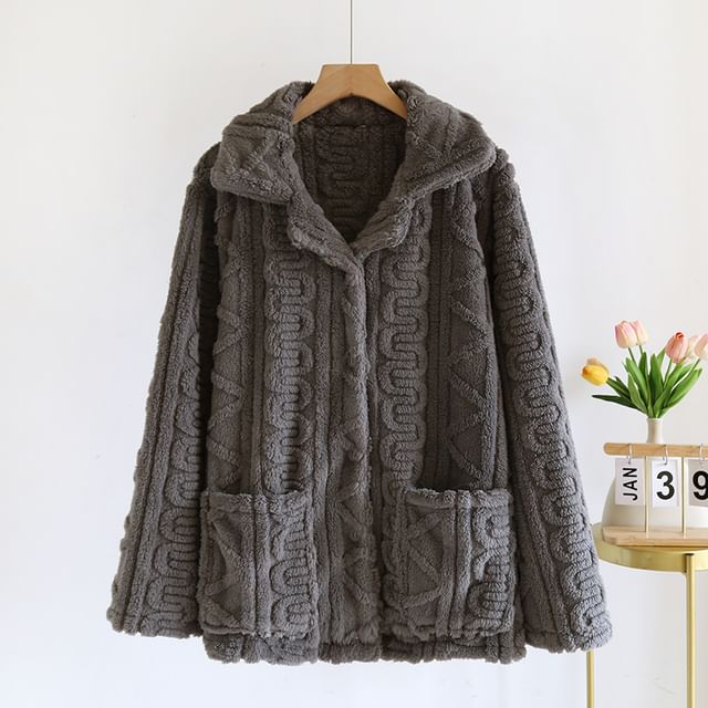 Couple Matching Long-Sleeve Lapel Collar Jacquard Button-Up Fleece Pajama Top (Various Designs)