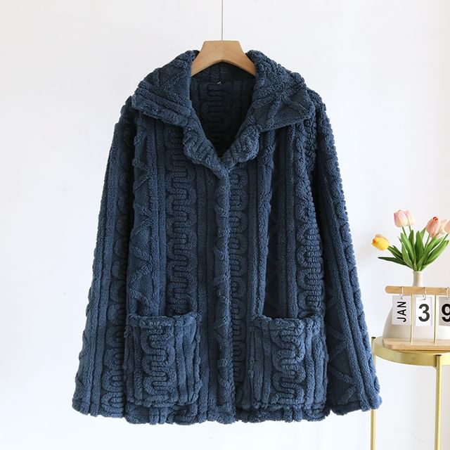 Couple Matching Long-Sleeve Lapel Collar Jacquard Button-Up Fleece Pajama Top (Various Designs)