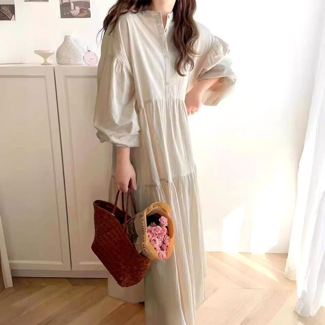 Band Collar Long Sleeve Panel Button A-Line Maxi Dress