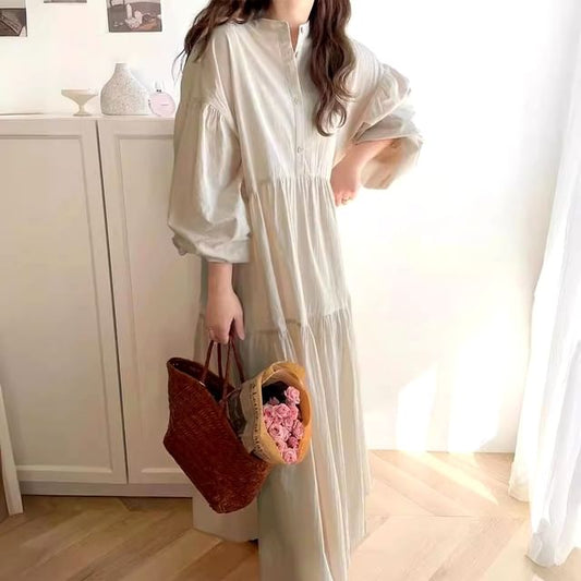 Band Collar Long Sleeve Panel Button A-Line Maxi Dress