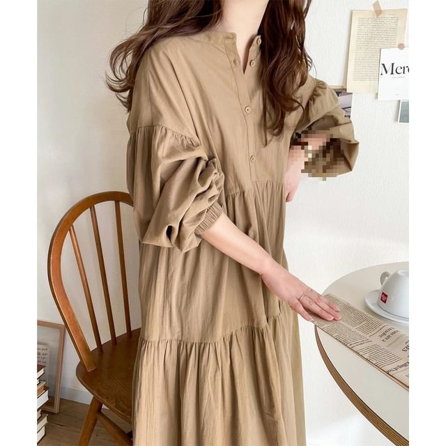 Band Collar Long Sleeve Panel Button A-Line Maxi Dress