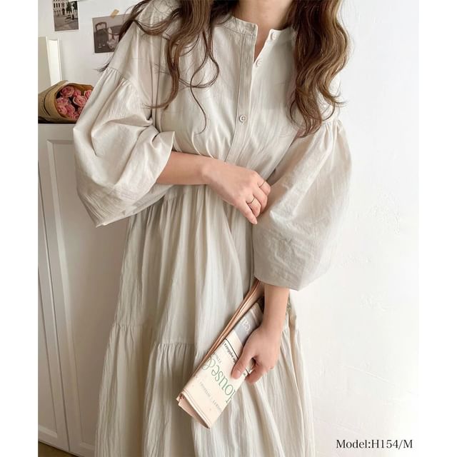 Band Collar Long Sleeve Panel Button A-Line Maxi Dress