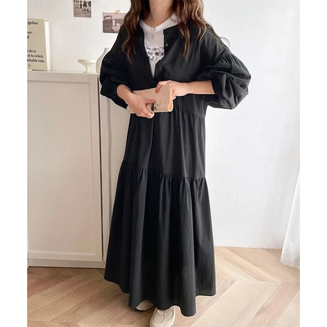 Band Collar Long Sleeve Panel Button A-Line Maxi Dress