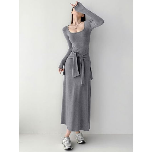 Tie-Waist Square-Neck Maxi T-Shirt Dress
