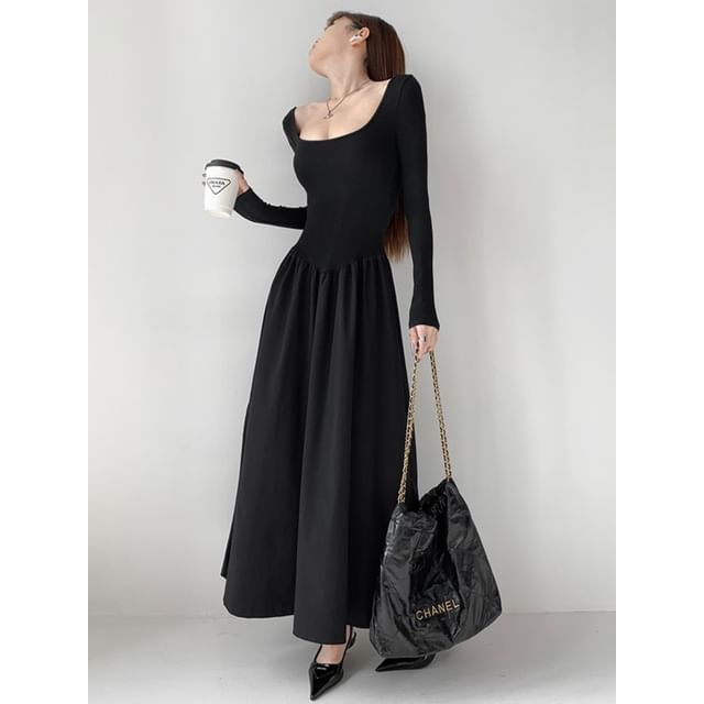 Square-Neck Two-Tone A-Line Maxi Dress