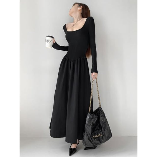 Square-Neck Two-Tone A-Line Maxi Dress