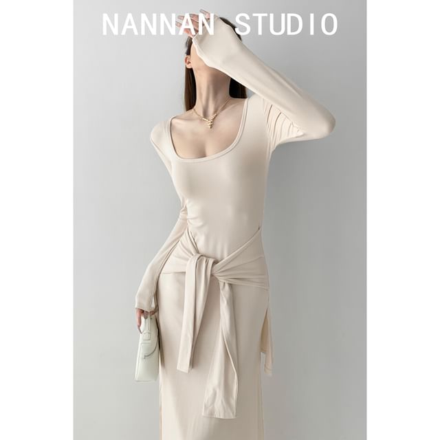 Tie-Waist Square-Neck Maxi T-Shirt Dress