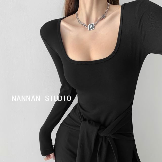Tie-Waist Square-Neck Maxi T-Shirt Dress