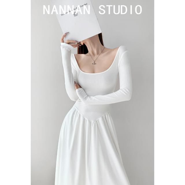 Square-Neck Two-Tone A-Line Maxi Dress