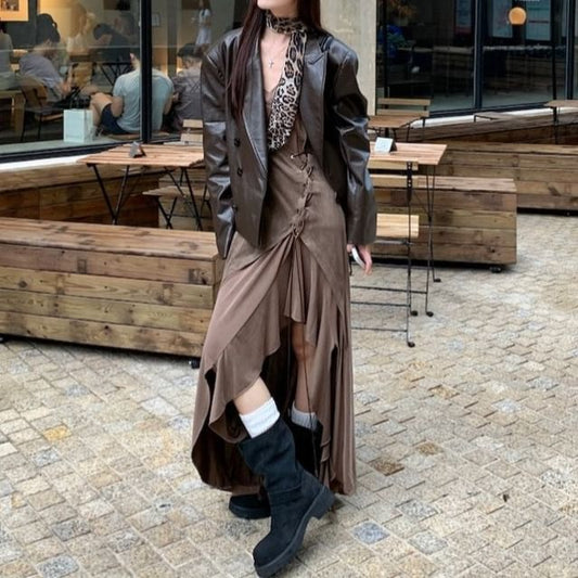 Faux Leather Blazer & Asymmetrical Drawstring Maxi A-Line Dress Set