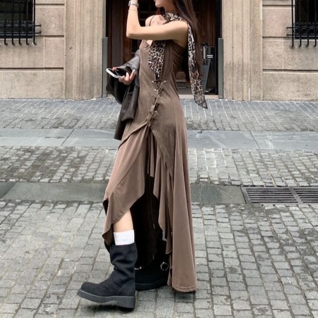 Faux Leather Blazer & Asymmetrical Drawstring Maxi A-Line Dress Set
