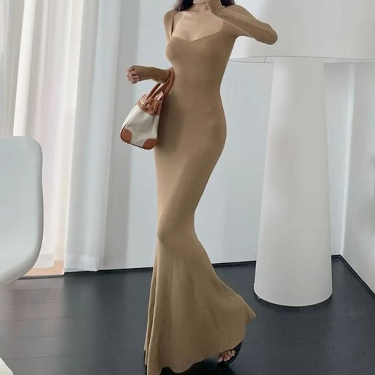 Square Neck Long Sleeve Fitted Maxi Gown