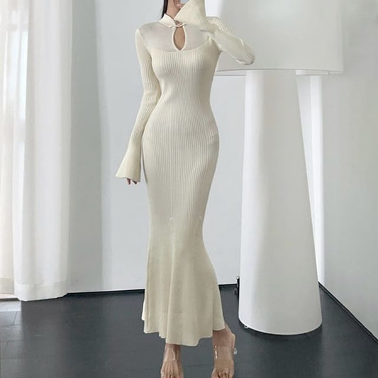 Keyhole Ribbed Long Sleeve Mermaid Bodycon Maxi Dress