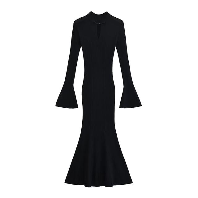 Keyhole Ribbed Long Sleeve Mermaid Bodycon Maxi Dress