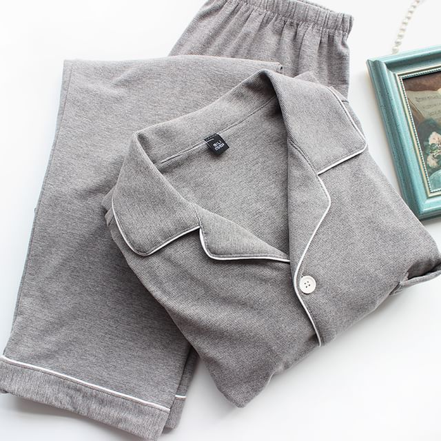 Couple Matching Pajama Set: Long-Sleeve Lapel Collar Contrast Trim Button-Up Top + Pants (Various Designs)