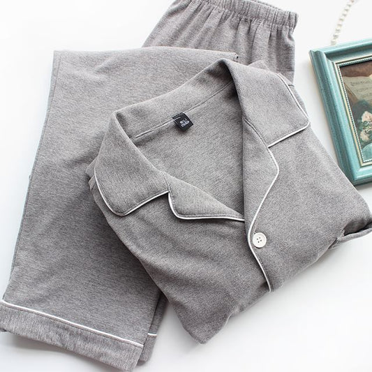 Couple Matching Pajama Set: Long-Sleeve Lapel Collar Contrast Trim Button-Up Top + Pants (Various Designs)