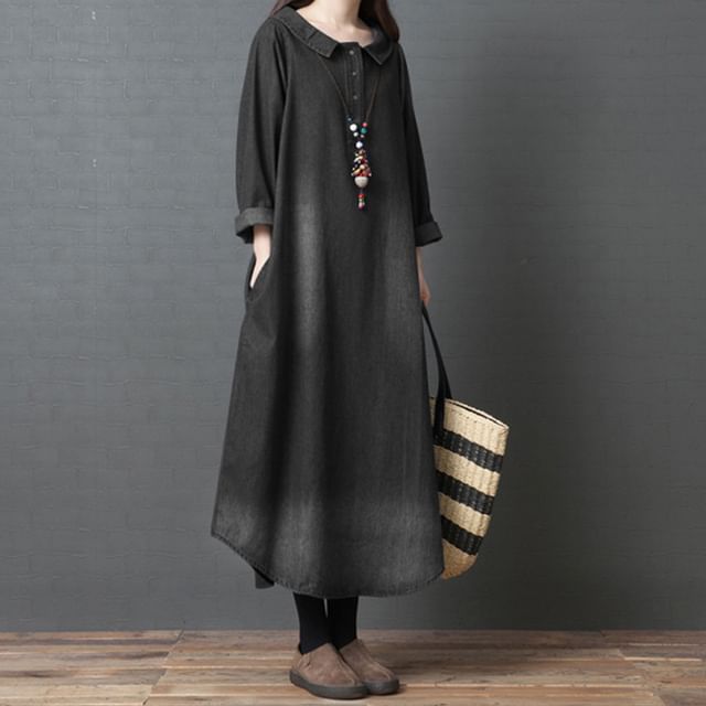 Collared Denim Long-Sleeve A-Line Maxi Gown