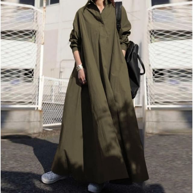 Collared Linen Long-Sleeve Plain A-Line Maxi Dress