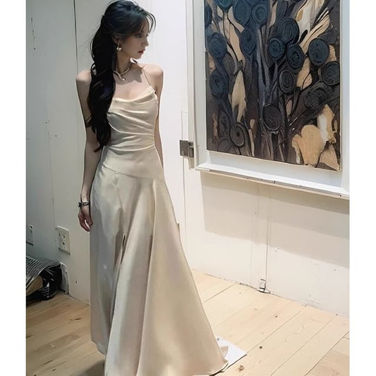 Cowl Neck Spaghetti Strap Slit Satin A-Line Maxi Dress