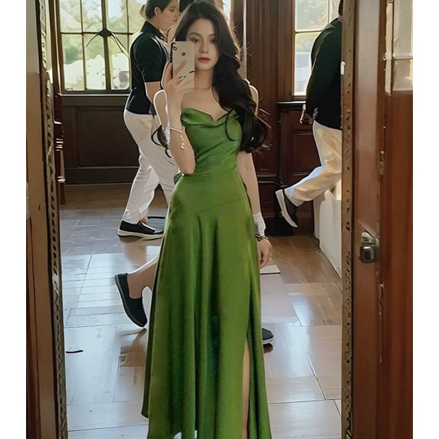 Cowl Neck Spaghetti Strap Slit Satin A-Line Maxi Dress