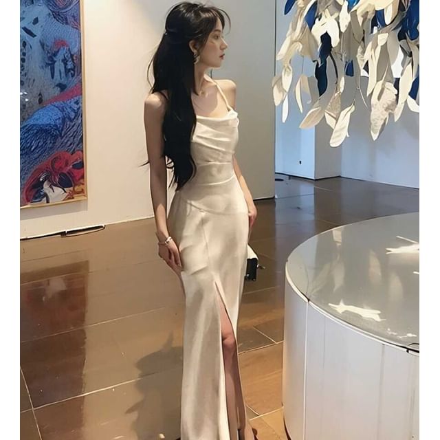 Cowl Neck Spaghetti Strap Slit Satin A-Line Maxi Dress